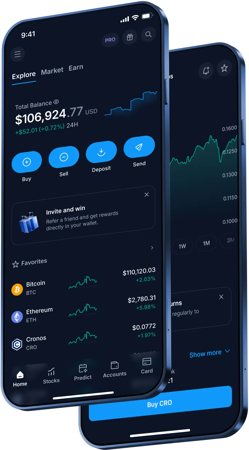 CryptStat app screens: portfolio balance, favorites and price chart